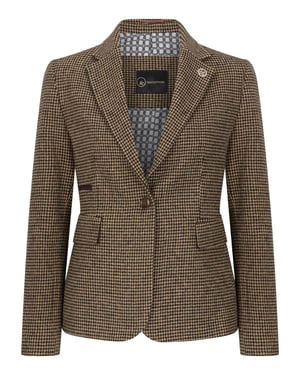 Dames getailleerde bruine pied-de-poule wolmix tweed blazer