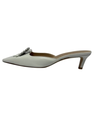Stuart Weitzman Buckle-Embellished Kitten-Heel Mules in White Leather