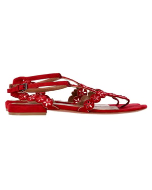 Alaïa Flower Lasercut Ankle Strap Flat Sandals in Red Suede