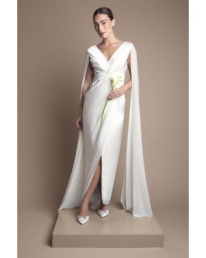 Satin Cape Sleeve Maxi Bridal Dress