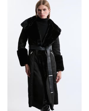 Faux Shearling Collar & Cuff Belted Midi Coat