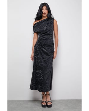 Faux Crinkle Leather Fallen Shoulder Ruched Waist Midi Dress
