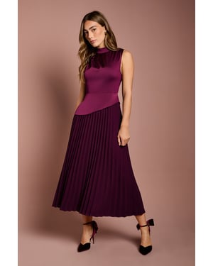 Drape High Neck Pleated Skirt Midi Dress