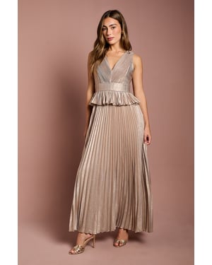 Sleeveless Metallic Pleated Maxi Dress With Peplum