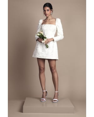 Long Sleeve Square Neck Jaquard Mini Wedding Dress with Bow Detail