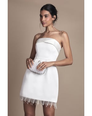 Strapless Satin Mini Wedding Dress with Hem Pearl Trim