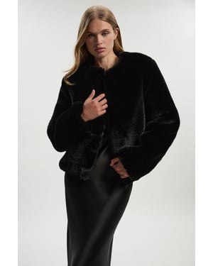 Collarless Faux Fur Jacket