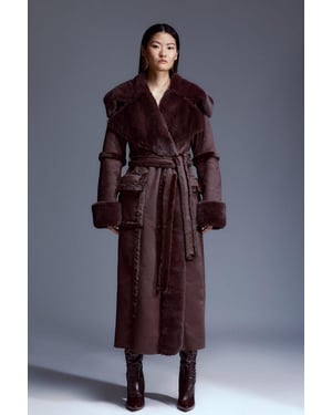 Faux Shearling Collar & Cuff Tie Belt Maxi Coat