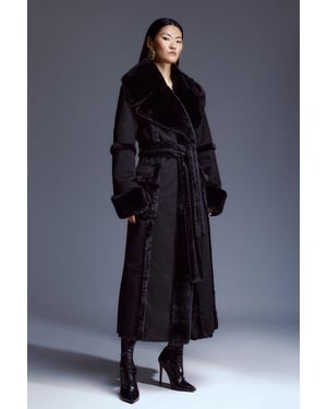 Faux Shearling Collar & Cuff Tie Belt Maxi Coat