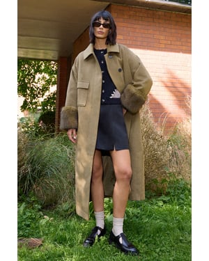 Patch Pocket Asymmetric Fur Trim Car Coat