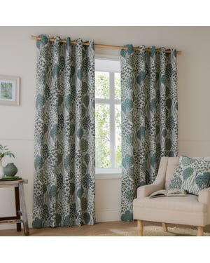 Wylder Ophelia Floral Jacquard Room Darkening Eyelet Curtain Pair, Thyme/Mineral