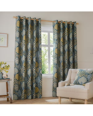 Wylder Ophelia Floral Jacquard Room Darkening Eyelet Curtain Pair, Blue/Saffron