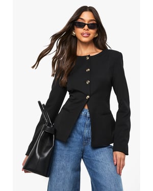 Gold Trim Collarless Tailored Blazer