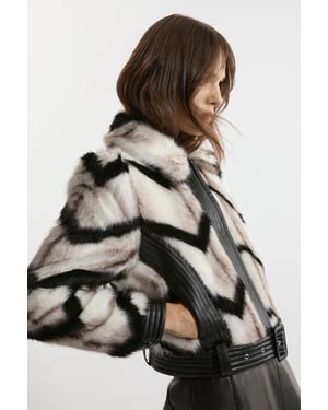 Faux Fur Pu Panelled Stripe Belted Cropped Jacket