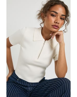 Compact Knit Zip Neck Short Sleeve Top