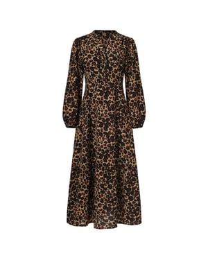 Smashed Lemon Chiffon dierenprint jurk met pofmouwen en v-hals in camel en bruin |