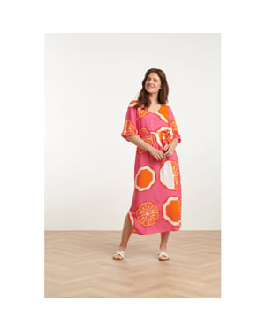 Smashed Lemon 25028 v-neck midi jurk met ballonmouwengrafisch fruitprint |