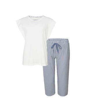 By Louise Dames capri korte pyjama set wit/blauw gestreept