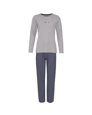 By Louise Dames pyjama set lang katoen grijs / donkerblauw gestreept
