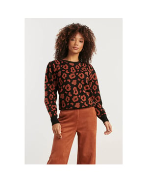 Smashed Lemon Gebreide dierenprint knit top zwart en cognac |