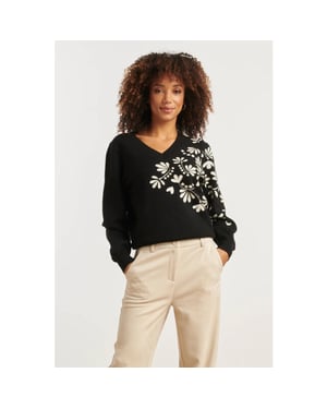 Smashed Lemon Zwart en offwhite bloemenprint met v-hals gebreide top |