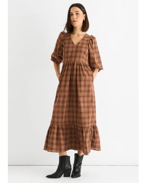 Brown Cotton Puff Sleeves V Neck Midi Dress
