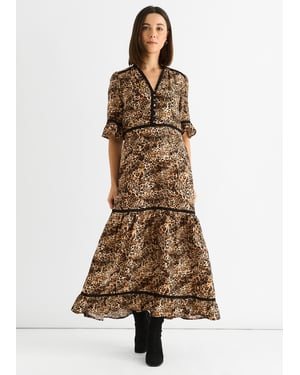 Brown Animal Print Lace Trim Tiered Midi Dress