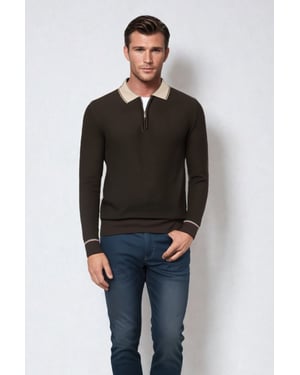Mens Contrast Collar Cotton Long Sleeve Polo