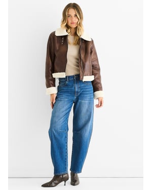 Brown Faux Leather Shearling Fur Aviator Jacket
