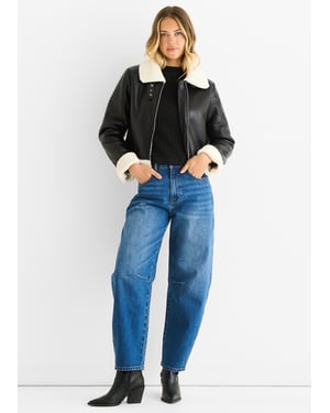 Black Faux Leather Shearling Fur Aviator Jacket