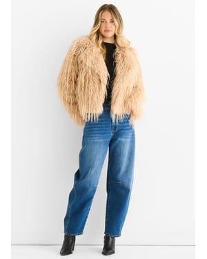 Light Camel Plain Fringe Faux Fur Short Jacket