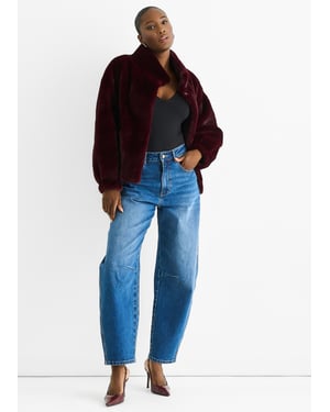 Angora Red Funnel Neck Button Up Faux Fur Jacket