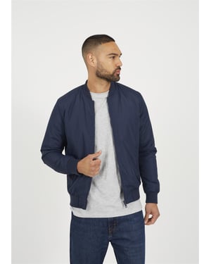 Navy Collarless Bomber Zip-Up Jacket