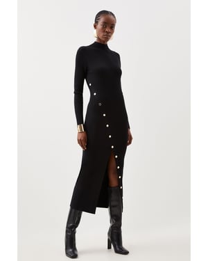 Viscose Blend Popper Detail Split Knit Midi Dress