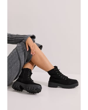 Wide Fit Maryam Faux Leather Lace Up Chunky Ankle Boots
