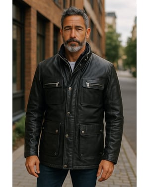 Mens Black Leather Military Jacket Outwear Coat - Field