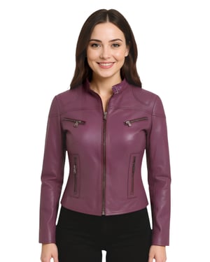 Womens Purple Casual Slim-Fit Leather Biker Jacket-Tulsa