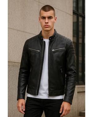 Svart Modern Klassisk Läder Quilted Bikerjacka Herr - Smithton