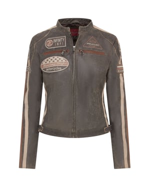 Damjacka med vintagebrun läder, biker- och racingmärken – Agadir