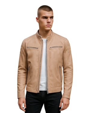 Beige Modern Klassisk Läder Quiltad Bikerjacka Herr - Mackay