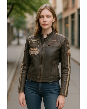 Damjacka med vintagebrun biker-racingmärken och skinn – Eastleigh