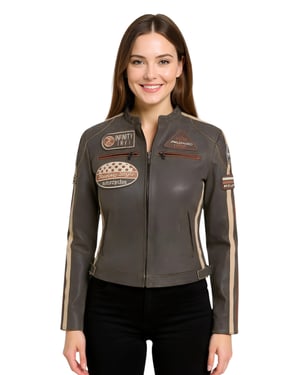 Dames vintage bruine leren bikerjack met racebadges - Dalby