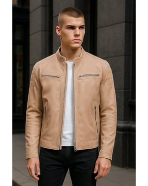Beige Modern Klassisk Läder Quilted Bikerjacka Herr - Smithton
