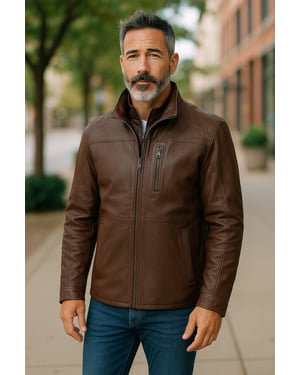Mens Brown Warm Mid-Length Leather Coat - Colac