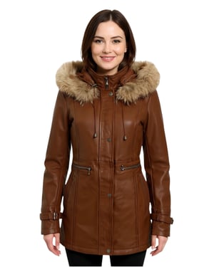 Womens Tan Leather Hooded Parka Jacket-Charleville