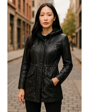 Womens Black Leather Hooded Parka Jacket-Clare