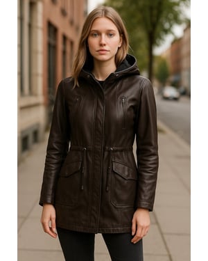 Brun läderparkas med huva, dam – Clare