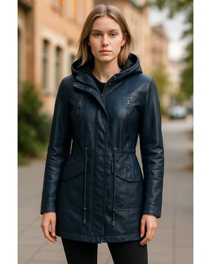 Womens Blue Leather Hooded Parka Jacket-Clare