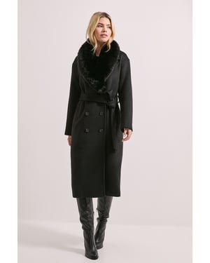 Faux Fur Collar Belted Longline Coat