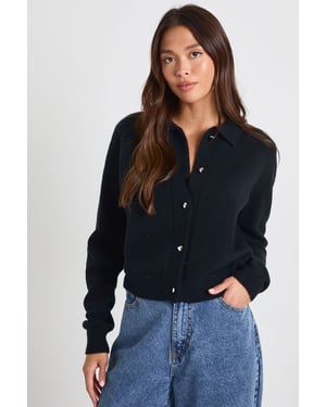 Heart Button Collared Knitted Cardigan